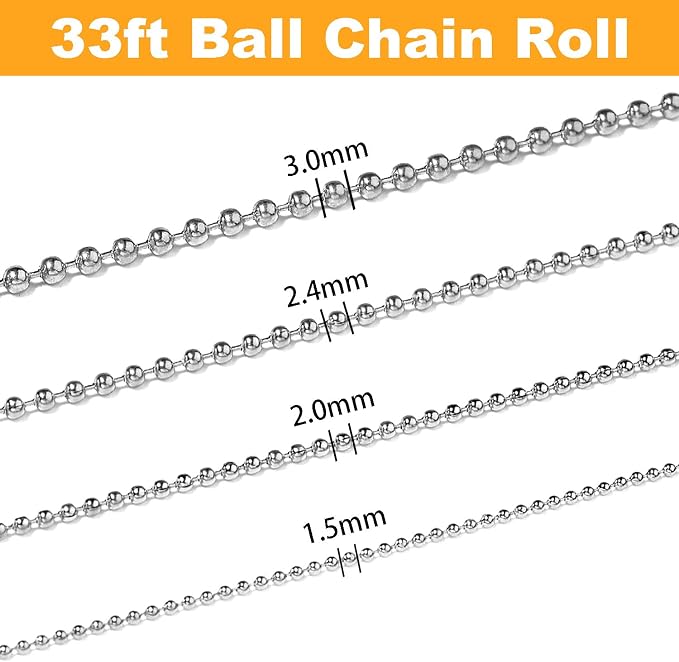 Jishi 33ft Stainless Steel Ball Chain 2mm Bead Dog Tag Chain Beaded Necklace - Image 7