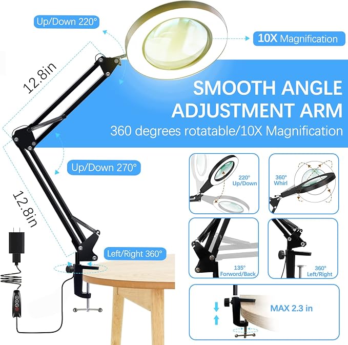 10X Magnifying Glass with Light, Adjustable Swing Arm 72 LEDs Real Glass Lens - Image 4