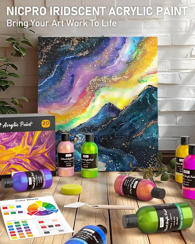 Nicpro 20 Colors Iridescent Acrylic Paint, 8.45oz / 250ml Large Bulk Metallic - Image 7