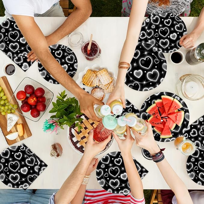 Qyeahkj 100 Pcs 2000s Party Plates Napkins Forks Set Black Heart Tableware - Image 7