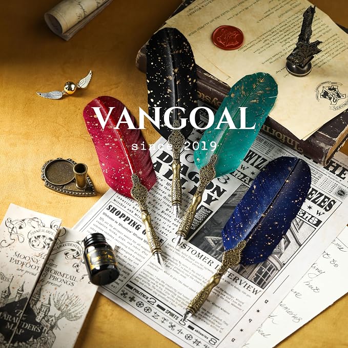 VANGOAL Vintage Carving Feather Pen Set, Glittering Quill Set Antique - Image 5
