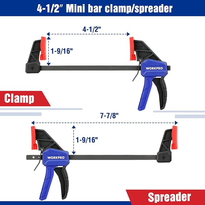 WORKPRO Mini Bar Clamps for Woodworking, 4-Piece One-Handed Clamp/Spreader - Image 3