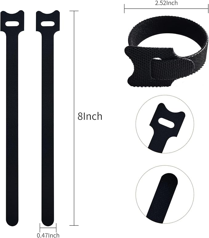 60 PCS 8 Inches Black Reusable Cable Ties, Cable Organizer, Cord Wrap and Hook - Image 2