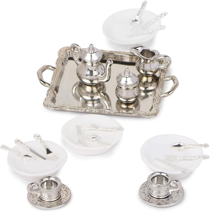 24 Pieces 1:12 Miniature Tea Set Metal Mini Teapot Tiny Tea Cup Mini Doll - Image 6