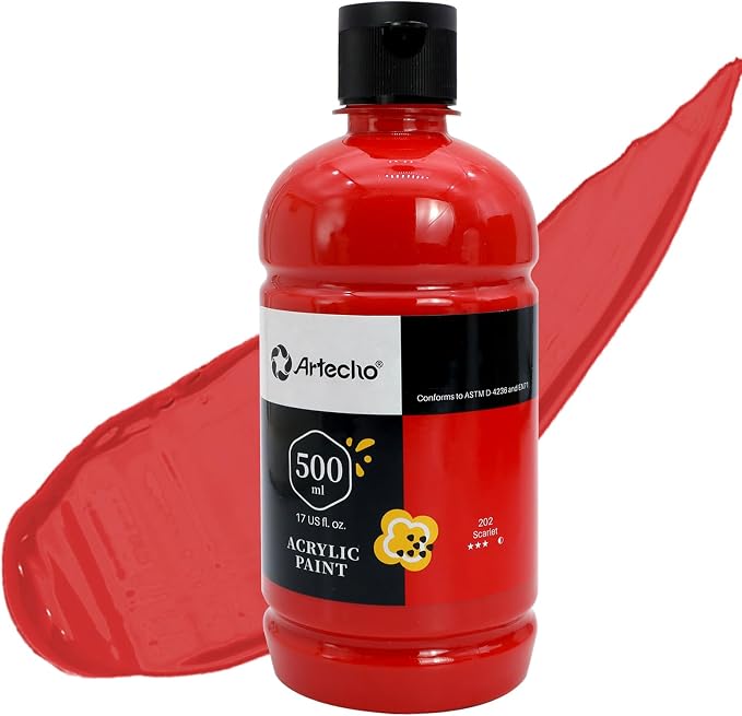 Artecho Scarlet Red Acrylic Paint 500ml / 17oz Large Bottle | Semi Glossy Finish by Artecho