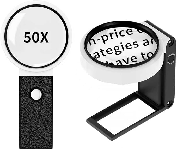 50X Magnifying Glass with Light and Stand, Foldable Handheld Magnifying Glass by LMPOHO