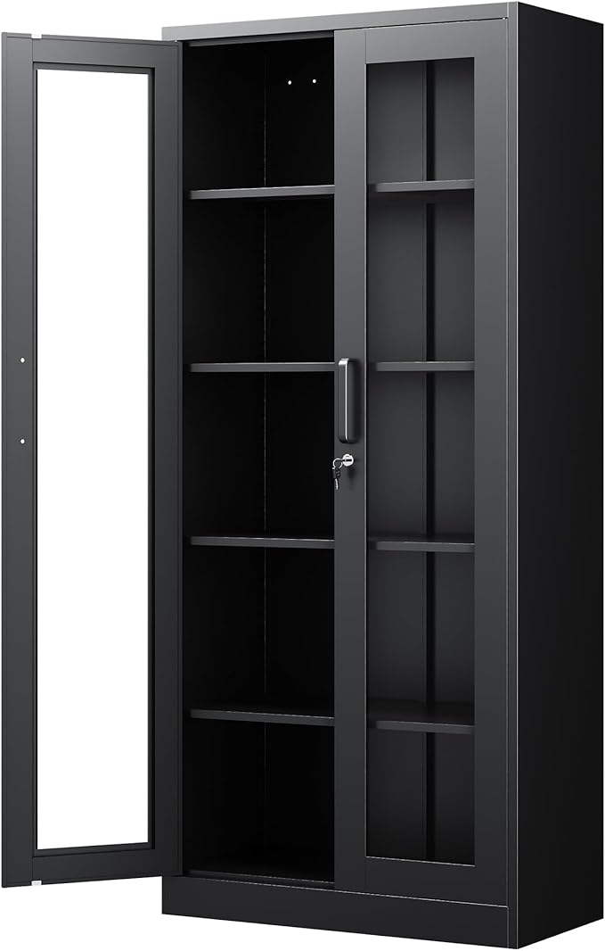 PEUKC Display Cabinet with Glass Doors, 71 Inches Metal Display Case with 4 by SleekSteelDesksShelvesbyPEUKC%E2%80%93WorkLiveOrganize