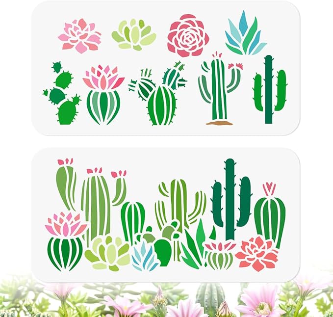 2Pcs Cactus Flower Stencils for Painting, 10 Styles Reusable Succulent Plants by Doodlream