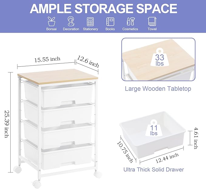 SYKIARIOL Utility Cart with 4 Drawers, 4-Tier Rolling Storage Cart Organizer - Image 3
