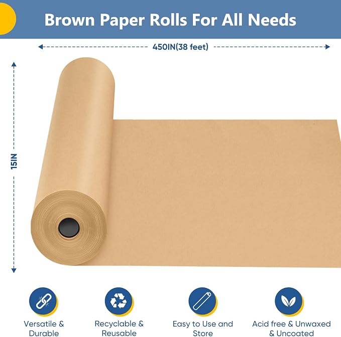 Brown Wrapping Paper, Kraft Paper Roll, Craft Decorative Paper 15" x 450" - Image 2