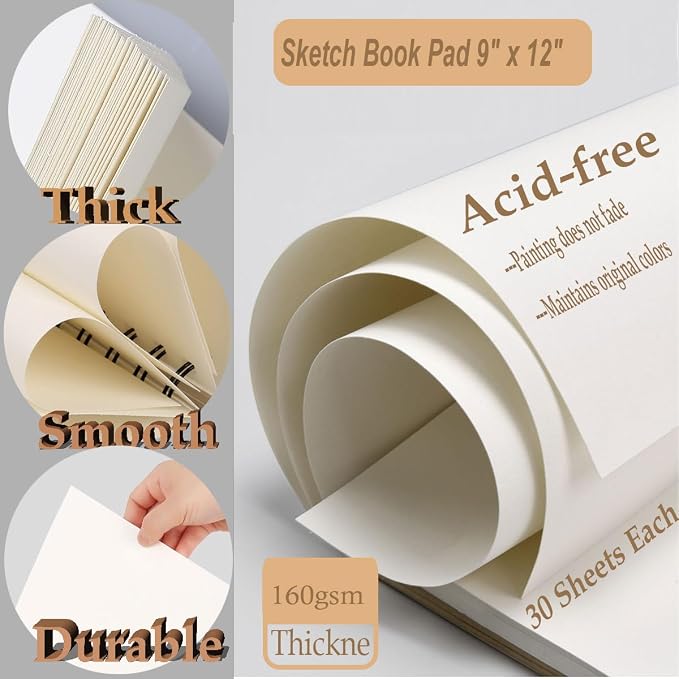 Sketch Book Pad, Drawing Paper 9" x 12" Spiral Bound, 90 Sheets, Durable Acid - Image 2