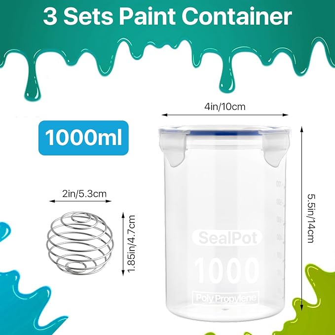 3 Sets Paint Container with Stainless Steel Mixing Ball, Plastic Paint Storage - Image 3