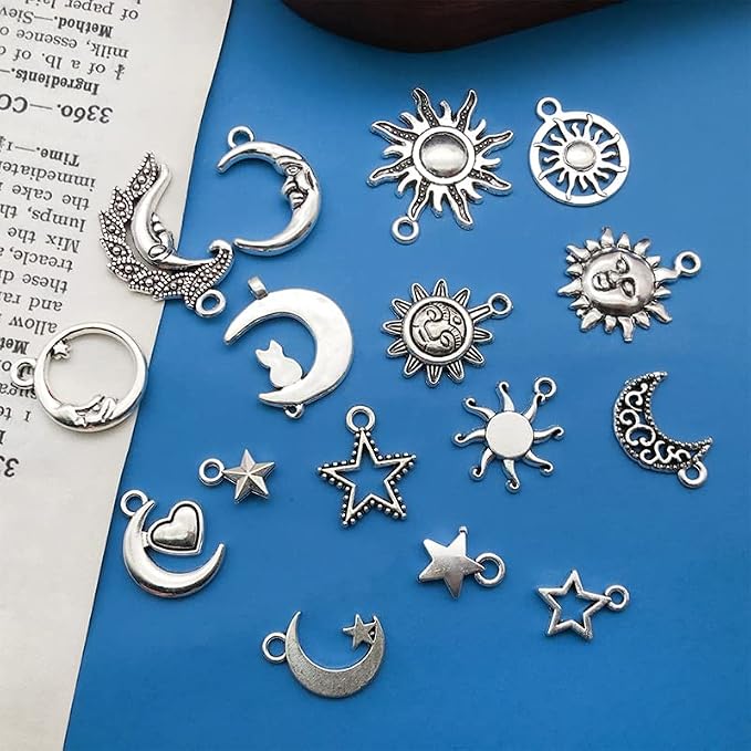 WOCRAFT 120pcs Antique Silver Sun Moon Star Charms - Image 3