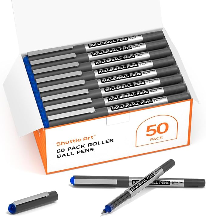 Shuttle Art RollerBall Pens, 50 Pack Blue Fine Point Roller Ball Pens, 0.5mm by ShuttleArt