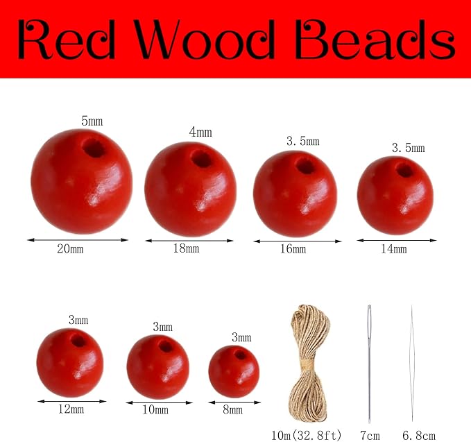 400Pcs Red Wooden Beads for Garlands, Round Wood Loose Beads - 12mm - Image 2