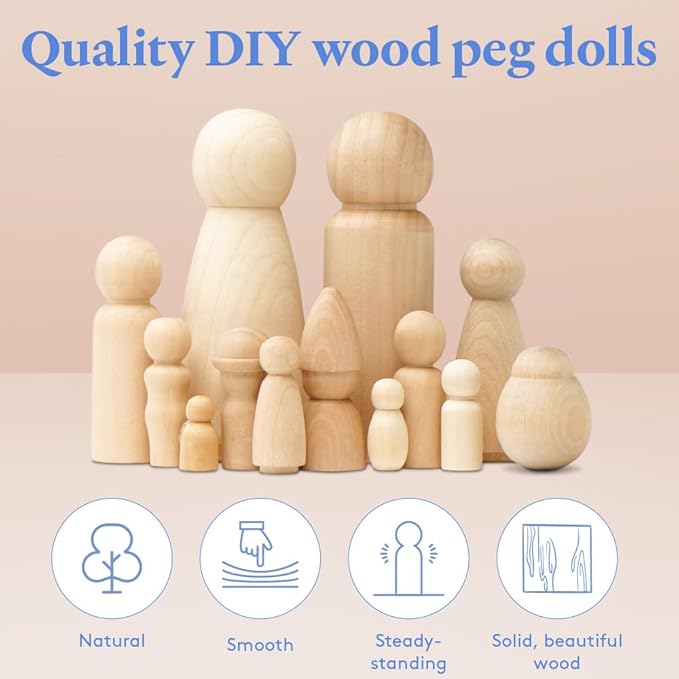 Wood Peg Dolls Large 3-1/2 inch, Mom/Angel Shape Peg People - Image 2