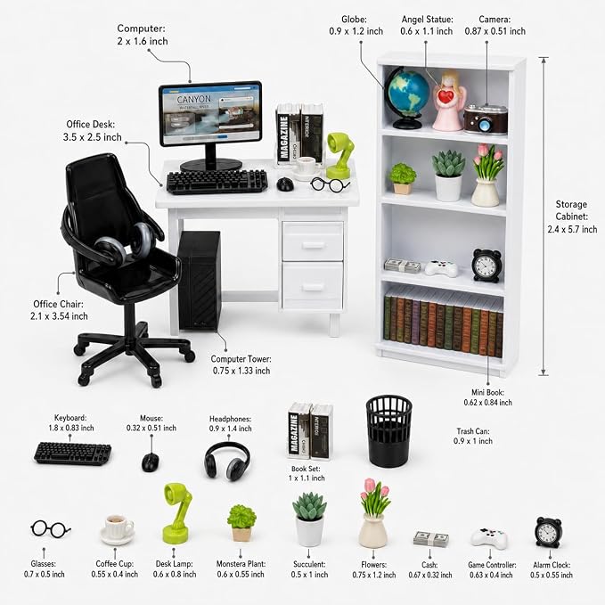 1:12 Scale Miniature Dollhouse Office Furniture Set 39pcs – Realistic Computer - Image 3