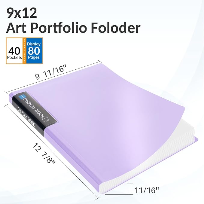 Sooez Art Portfolio 9"x12", 40 Pockets Large Folder Display 80 Pages, Heavy Duty - Image 2
