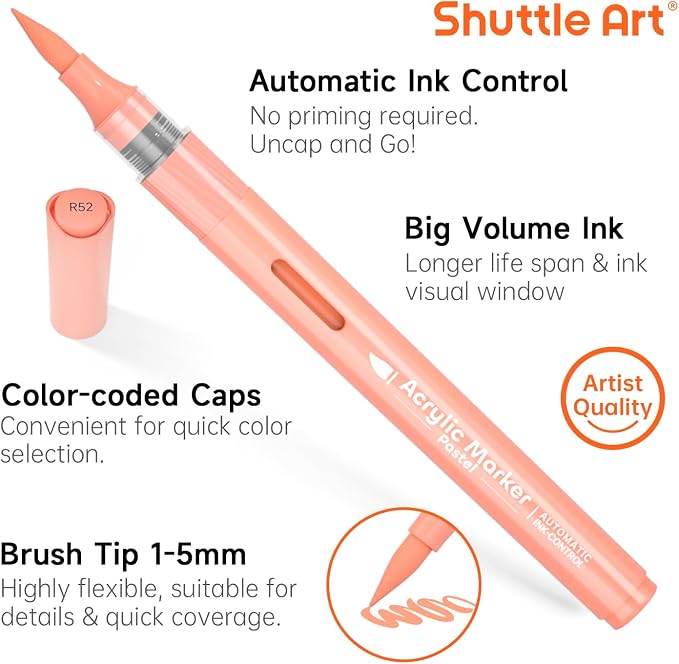 Shuttle Art Automatic Ink Control Acrylic Paint Markers, 24 Pastel Colors Brush - Image 4