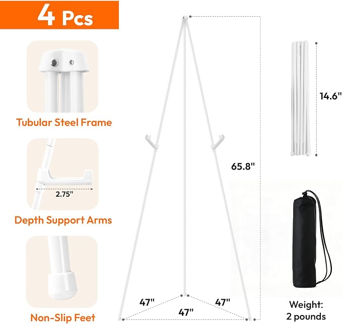 JEAWIWI 4PCS White Easel Stand for Wedding Sign Stand, 66 Inch Adjustable Metal - Image 2