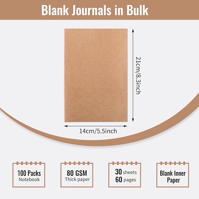 EOOUT 100pcs A5 Blank Kraft Notebooks, Journals in Bulk, Sketchbooks Bulk - Image 2