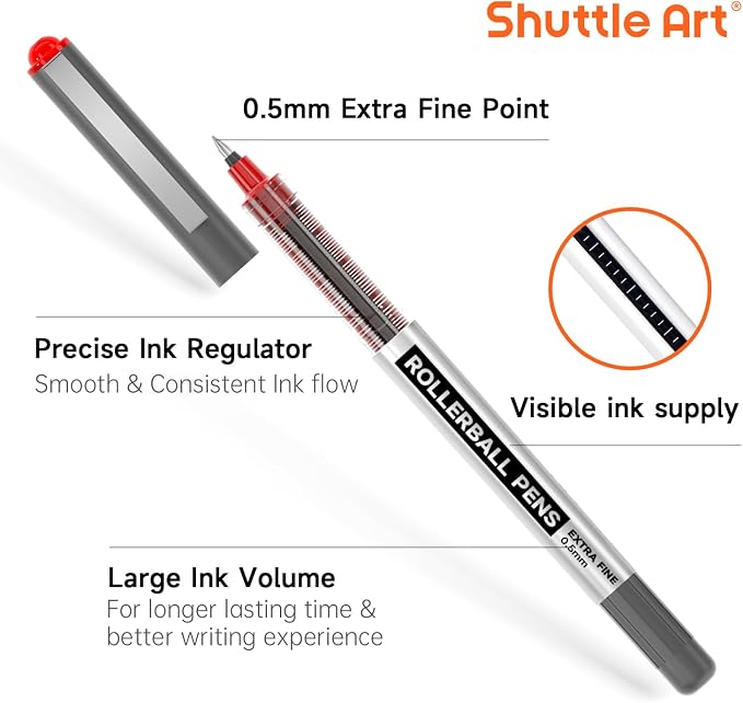 Shuttle Art RollerBall Pens, 25 Pack Red Fine Point Roller Ball Pens, 0.5mm - Image 2
