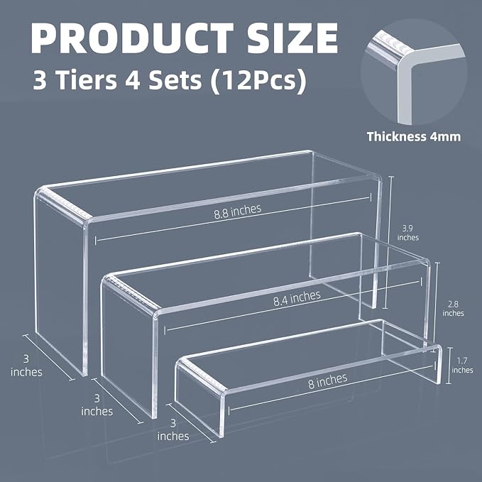 Goabroa 12 Pcs 8'' Clear Display Shelf, 3 Tiers 4mm Thick Transparent Display - Image 3