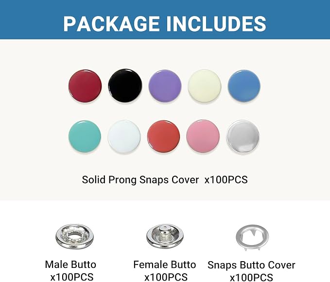100 Sets Metal Snap Buttons Kit, 9.5mm Sewing Snaps in 10 Colors - Image 2