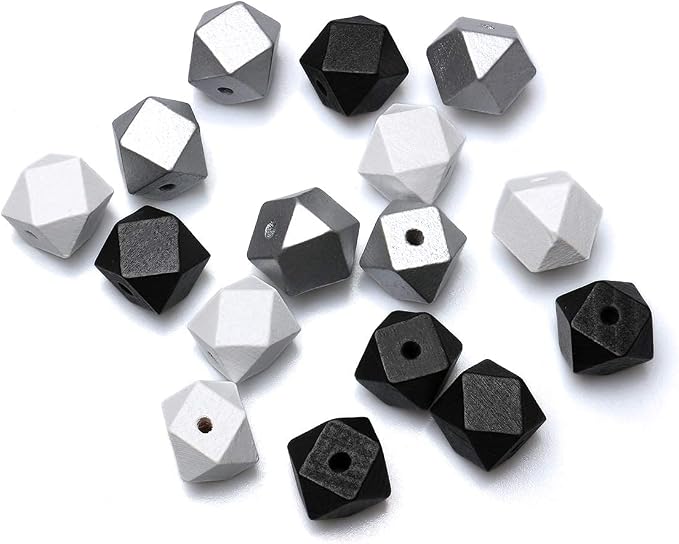 20mm Geometric Wood Beads Mixed in White, Polygon Wooden Loose Beads - Image 5