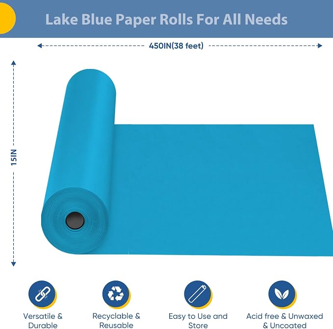 Lake Blue Wrapping Paper 15"x450", Solid Color Blue Kraft Paper Roll - Image 2