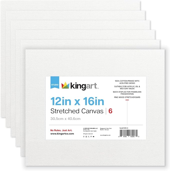 KINGART 805-6 White Stretched Canvas, 100% Cotton, Gesso Primed, by KINGART