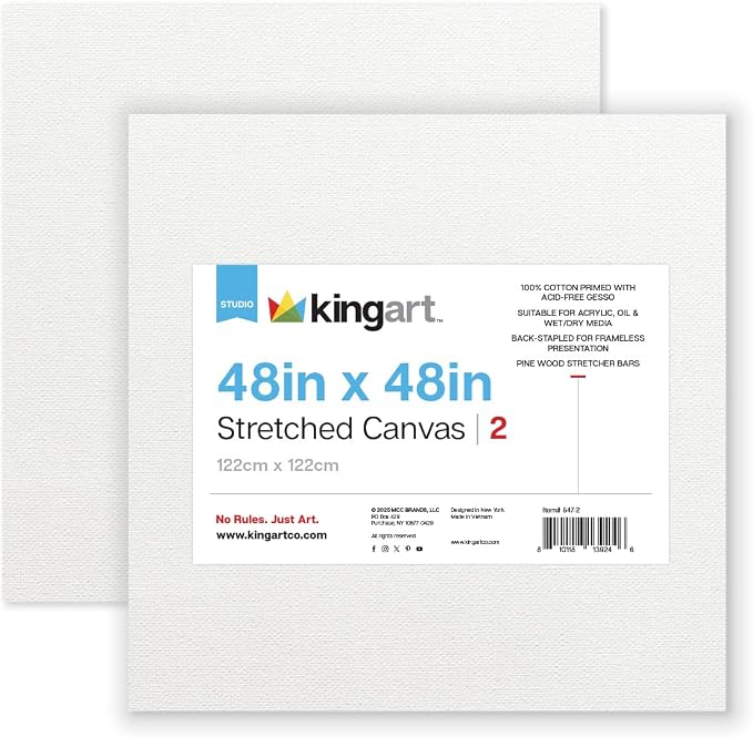 KINGART Stretched White Canvas Set – Square, 48x48 Inch, Triple Gesso Primed – by KINGART