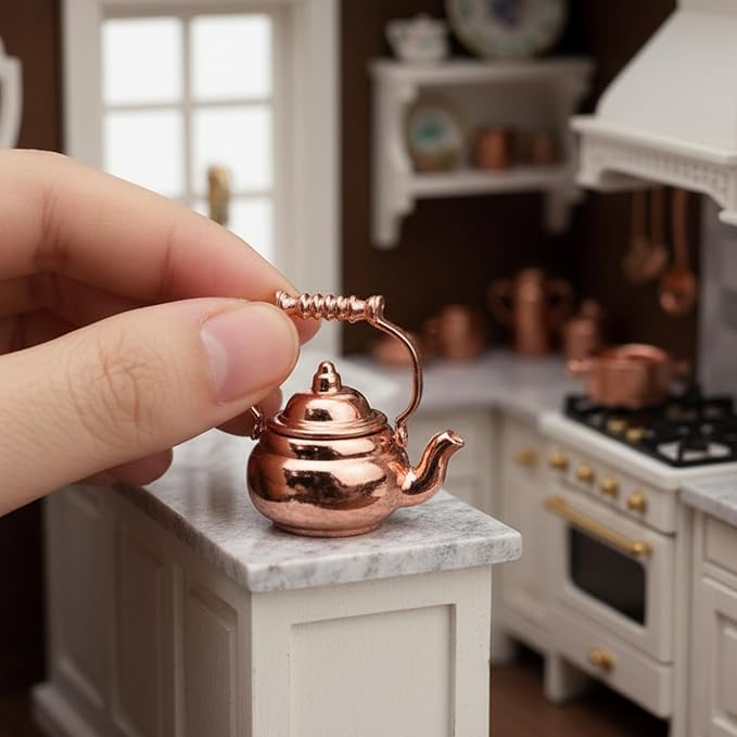 Dollhouse Miniature Vivid Teapot Tea Kettle 1:12 Scale Kitchen Copper Model - Image 3