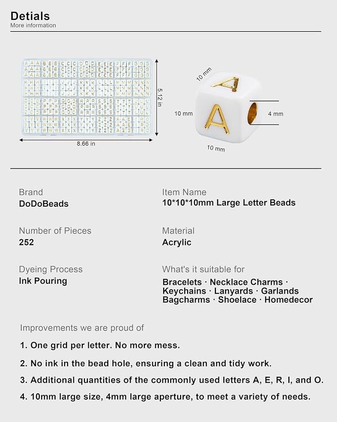 DoDoBeads 252 Pcs 10mm Chunky Square Gold Letter Beads, Big Alphabet Beads - Image 3