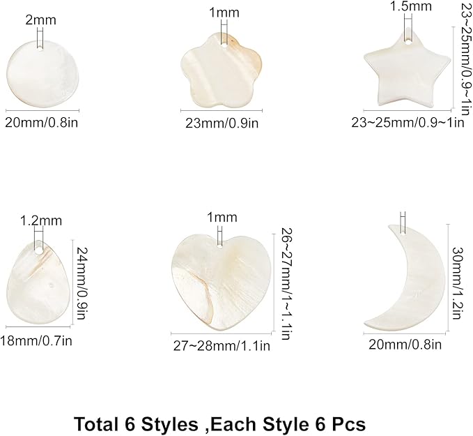 SUNNYCLUE 1 Box 36Pcs 6 Styles Natural Freshwater Shell Pendants Flat Round - Image 2