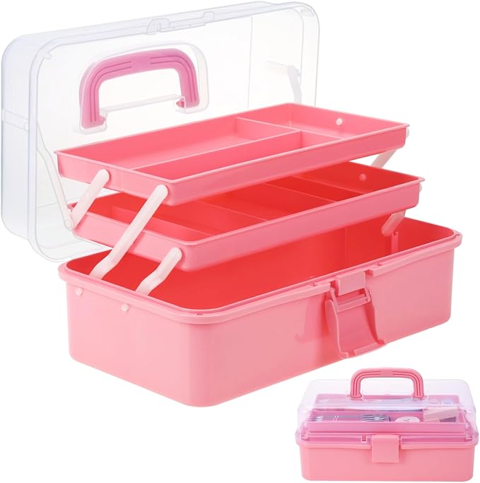 Pink Tackle Box, Craft Organizers and Storage 3-Layer Portable Folding Toolbox by Outuxed