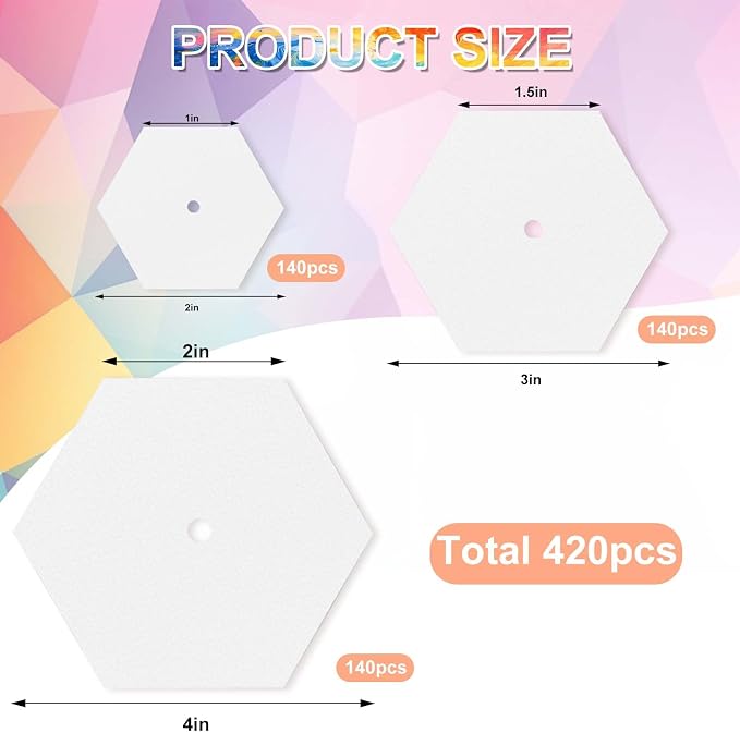 420 PCS Piecing Paper for Quilting 1", 1.5"and 2" Hexagon Quilting Template | - Image 2
