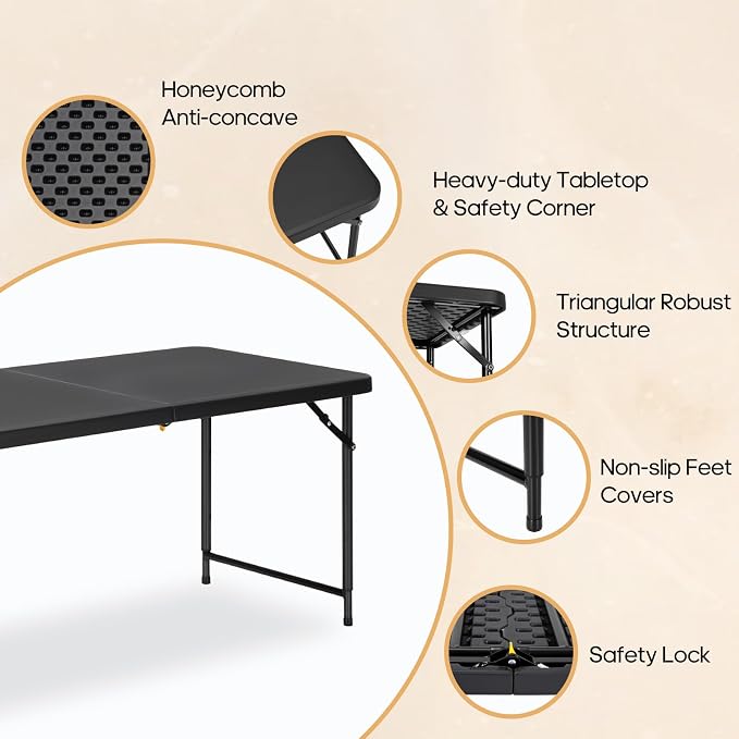 4ft Folding Table with Adjustable Height, 3-Level Foldable Table with HDPE Top - Image 4