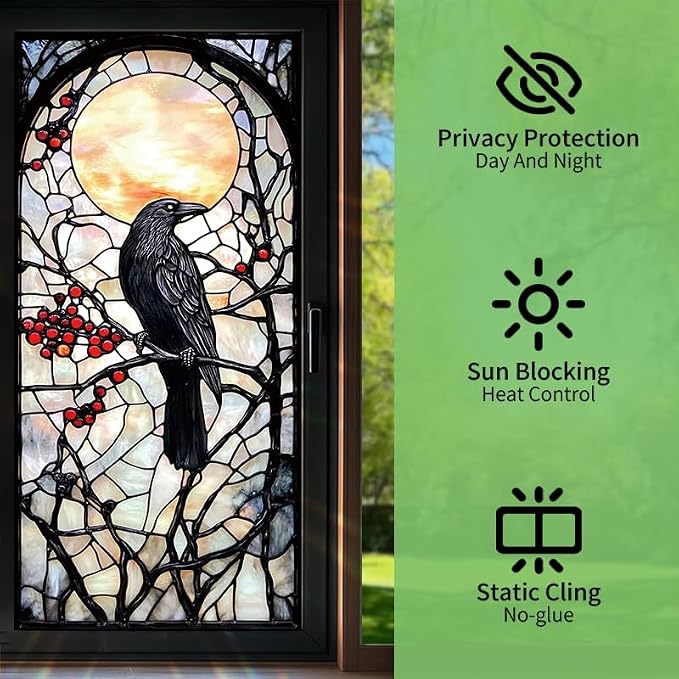 Stained Glass Style Raven Window Film, Gothic Inspired Privacy Decor - Image 2