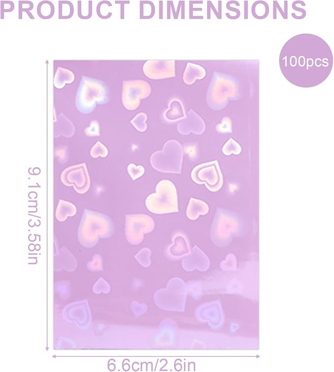 100pcs Holographic Colors Card Sleeves, 3.58x2.6in/91x66mm Colored Heart-Shaped - Image 2