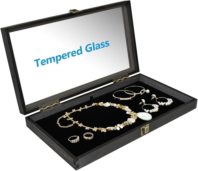 MOOCA 2 Pcs Wood Tempered Glass Top Jewelry Display Case Accessories Storage Box - Image 4