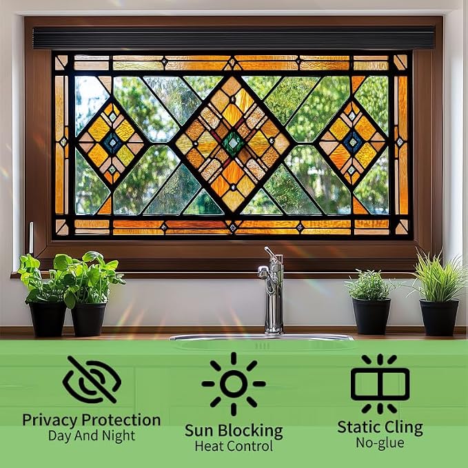 Geometric Stained Glass Window Film 17.7 x 39.3 Inch No Glue Static Cling - Image 2