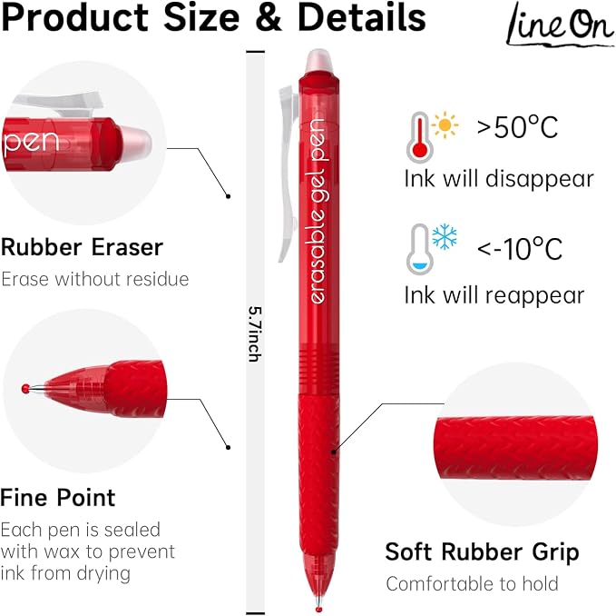 Lineon Erasable Gel Pens, 18 Colors Retractable Fine Point Erasable Pens Clicker - Image 4