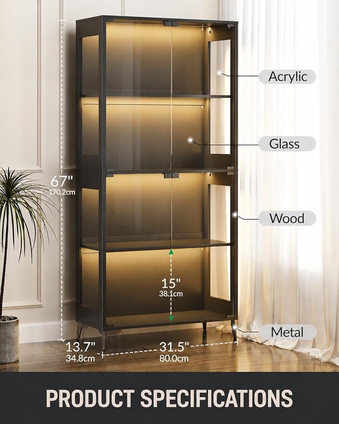 Display Cabinet with Glass Doors, 4-Tier Curio Cabinet with Adjustable Shelves - Image 2