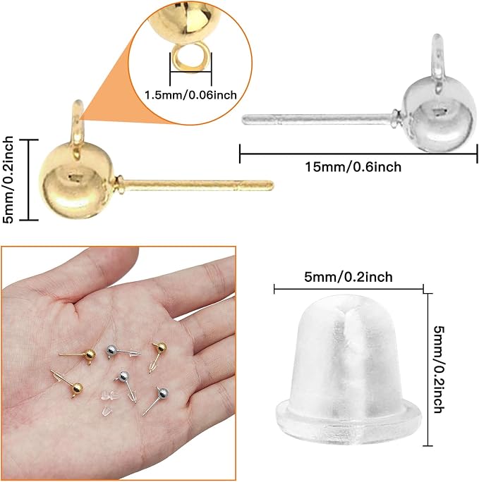 160Pcs Ball Studs for Jewelry Making, Hypoallergenic Ball Earring Studs Round - Image 3