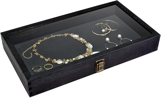 MOOCA Wood Tempered Glass Top Jewelry Display Case Accessories Storage Box by Mooca