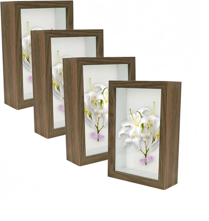4 Pack 4x6 Shadow Box Frame，HD Glass Wooden Brown Hollow Photo Frame, Seashell by CROISSANT