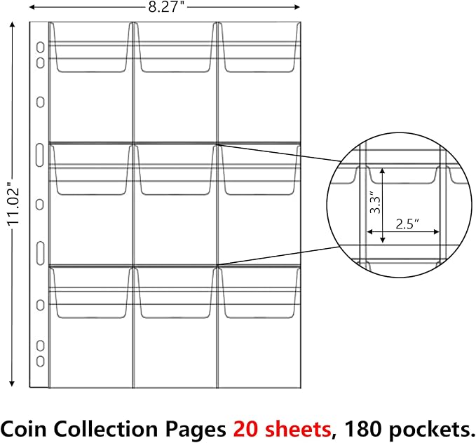 MUQING 180 Pockets Plastic Coin Collecting Sleeves Pages, 20 Sheets Collection - Image 3