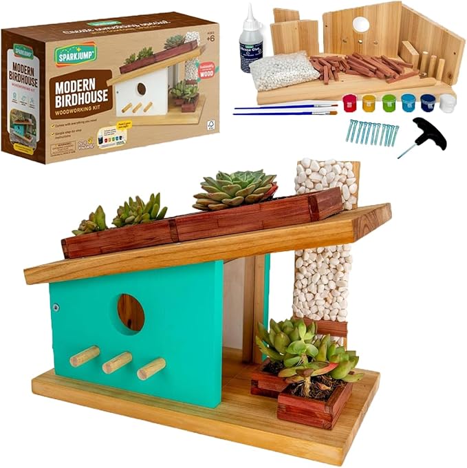 SparkJump Modern Birdhouse Woodworking Kit, Complete DIY Birdhouse by SparkJump