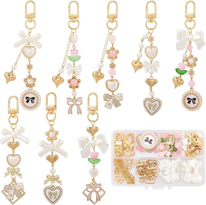 SUNNYCLUE 1 Box 156Pcs DIY 8 Sets Keychain Making Kit Bows Key Chain Charm Bead by SUNNYCLUE